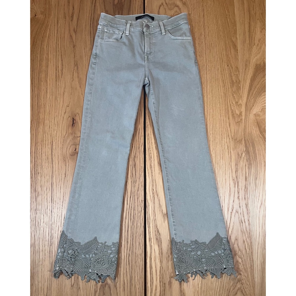 J Brand Selena Lace Hem Cropped Flare Jeans Womens 26 Sage Green Boho Chic